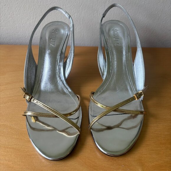 Schutz Cassie Mid Stiletto Heel Sling Back Sandal Silver & Gold Metallic - Picture 3 of 6
